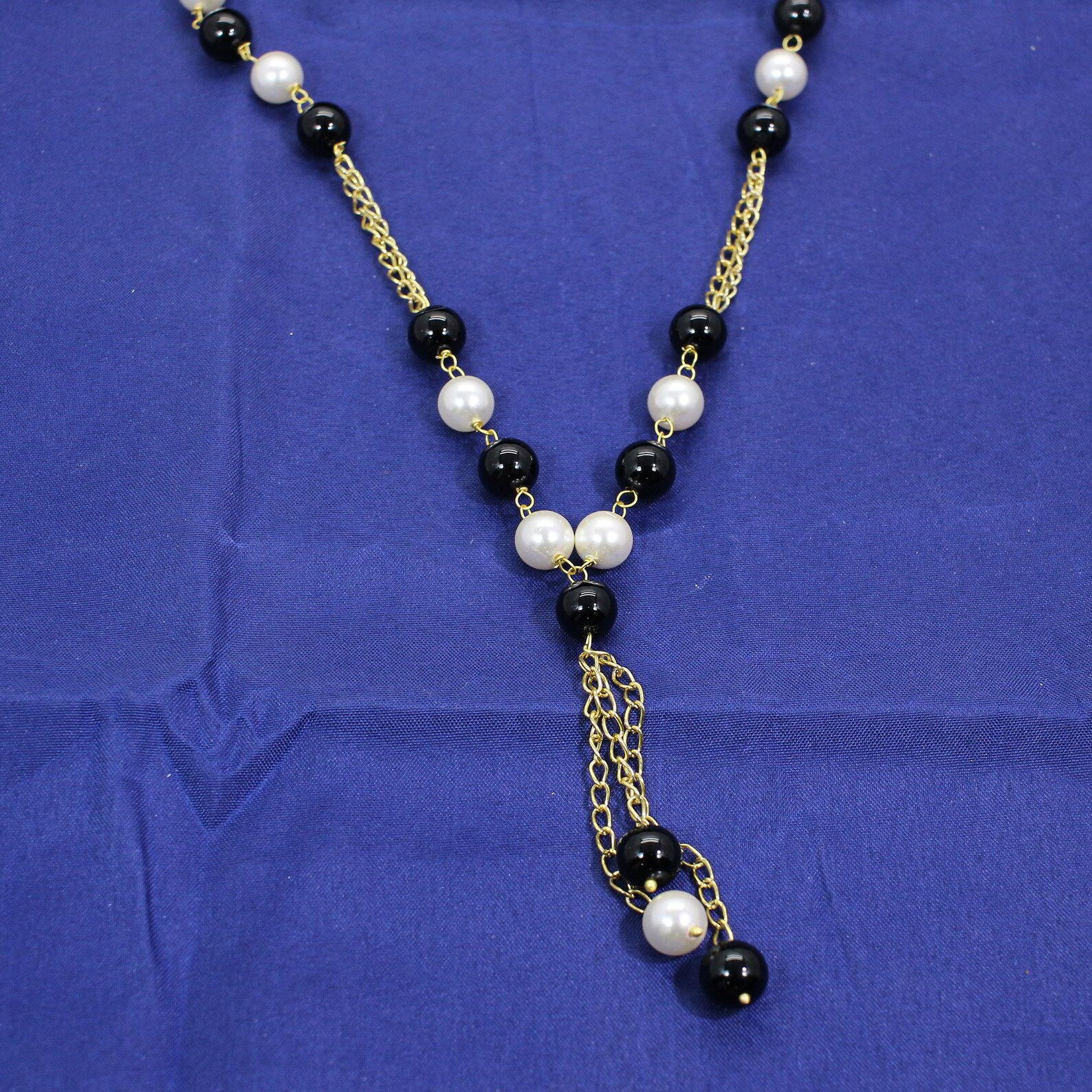 Black Onyx & White Pearl Beads Jewelry Gold Chain Necklace Etsy