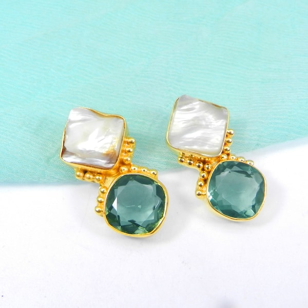 Gold Plated Brass Mother of Pearl Rough & Green Amethyst Gemstone- Designer Bezel Set Studs- Earrings for Women and Girls- Birthday Gifts