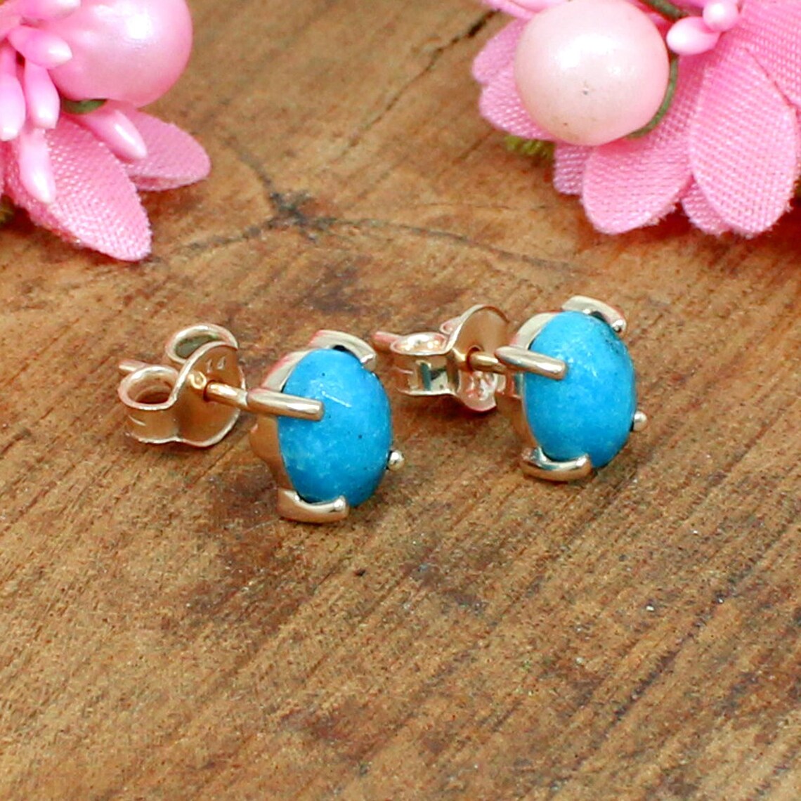 Natural Blue Turquoise Studs Earrings 925 Sterling Silver Etsy