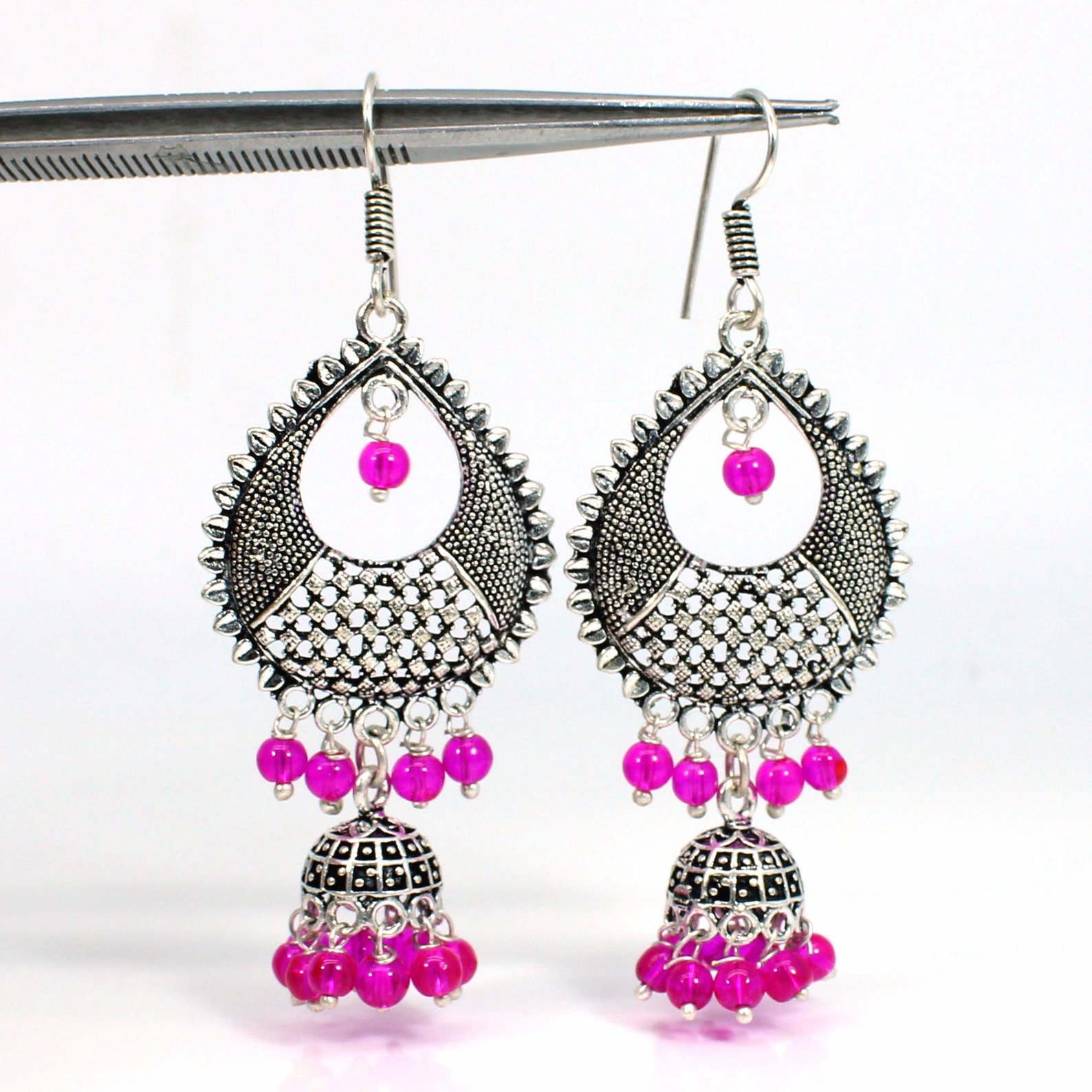 Pink Glass Beads Handmade Jhumka German Silver Oxidised Etsy