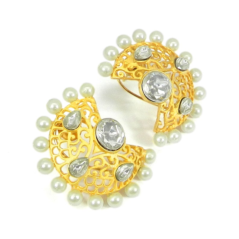 Half Gold Earrings Gift for Her Handmade Earrings Kundan Earrings Women/'s Earrings Gold Earring Pearl Beads Earrings Brass Earrings