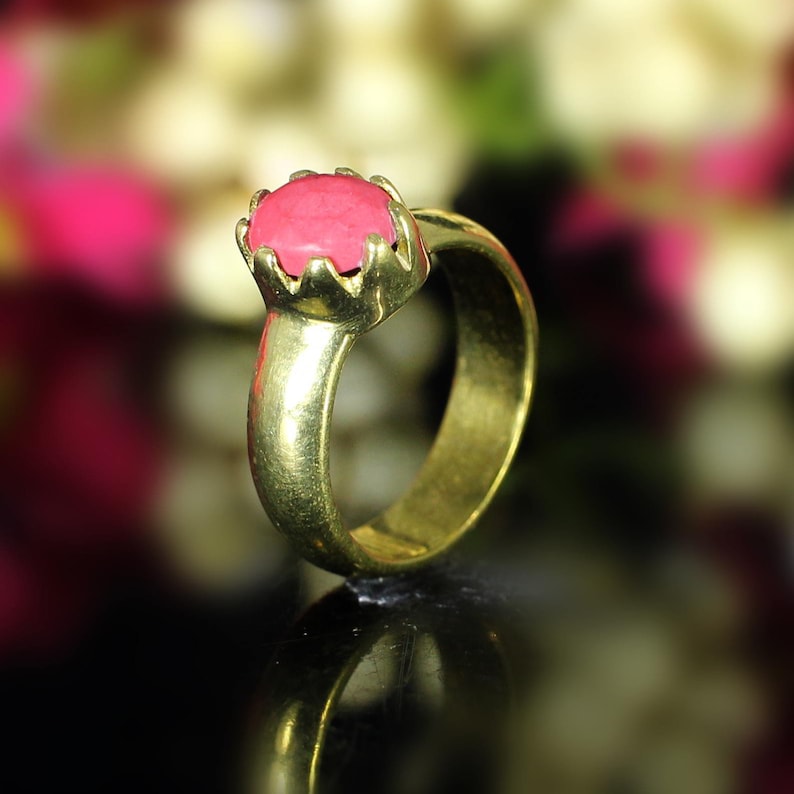 Birthday Gifts Bohemian Ring Promise Ring Gemstone Ring Synthetic Red Coral Ring Gold Plated Brass Unique Ring Victorian Ring