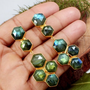 Blue Fire Labradorite Earrings: Gold Plated Brass Dangle Earrings