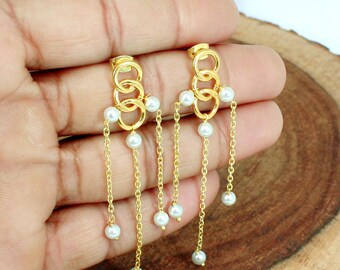 White Pearl Gemstone Earrings, Modern Earrings, Handmade Earrings, Dangle Earrings, Designer Earrings, Brass Earrings, Pearl Jewelry