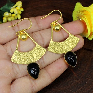 Gold Plated Earrings, Black Onyx Earrings, Handmade Earrings, Gemstone Earrings, Anniversary Gift For Her, Festival Earrings