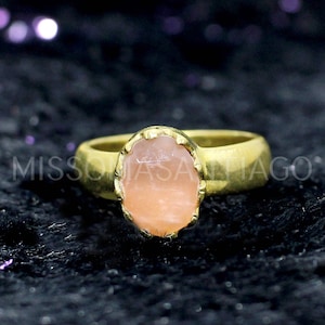 Pretty Peach Moonstone Handmade Ring, Birthstone Ring, Gold Plated Brass Ring, Gemstone Ring, Stacking Ring,Anniversary Jewelry Gift For Her