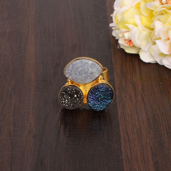 Blue Druzy & Titanium Druzy And Brown Druzy Gemstone Ring, Brass Ring, Adjustable Ring, Multi Gemstone Ring, Engagement Ring, Gift For Wife