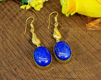 Lapis Lazuli Gemstone Handmade Earrings, Women Gold Plated Earrings, Oval Earrings, Brass Earrings, Gorgeous Gift, Dangle & Drop Earrings