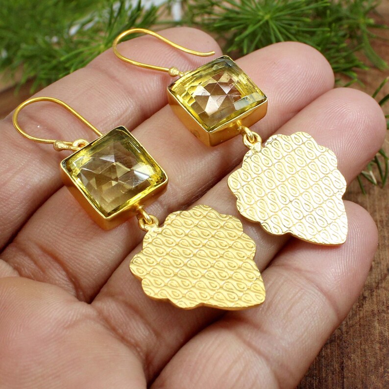 Citrine Earrings, Women Gemstone Earrings, Textured Earrings, Square Earrings, shops Brass Gold Plated Earrings, Women Fashion Earrings