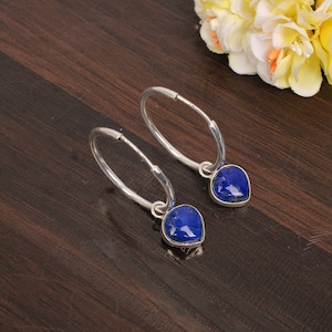 Dainty Hoop Earrings, Lapis Lazuli Gemstone Earrings, Gemstone Thick Hoops, Lapis Hoops, Blue Stone Hoops, Birthday Gift For Wife