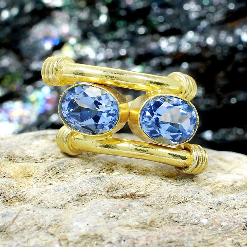 Handmade Gold Plated Brass Ring Double Stone Ring For Women Blue Stone Rings Blue Topaz Designer Gemstone Ring