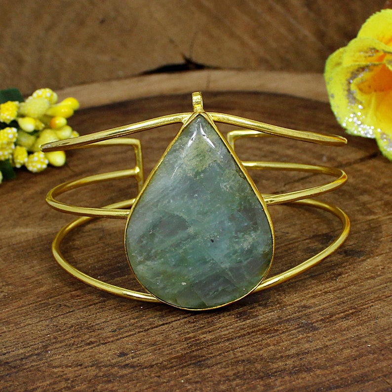 Natural Milky Aquamarine Bangle Pear Gemstone Cuff Adjustable Bangle Bracelet Anniversary Gifts Gold Plated Brass Indian Bangle Jewelry