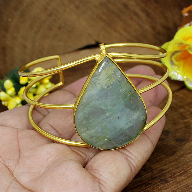 Natural Milky Aquamarine Bangle Pear Gemstone Cuff Adjustable Bangle Bracelet Anniversary Gifts Gold Plated Brass Indian Bangle Jewelry