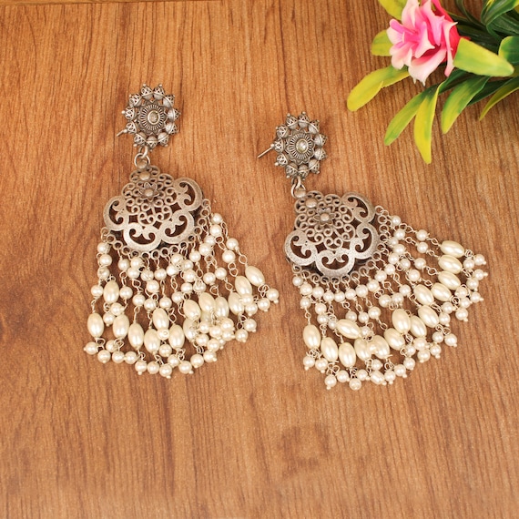 Unique Oxidized Pearl Dangle Earrings