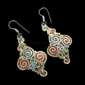 Natural Turquoise & Red Coral Earrings- Inlay Gemstone- German Silver Earrings- Dangling Earrings- Tibetan Jewelry- Bohemian Jewelry
