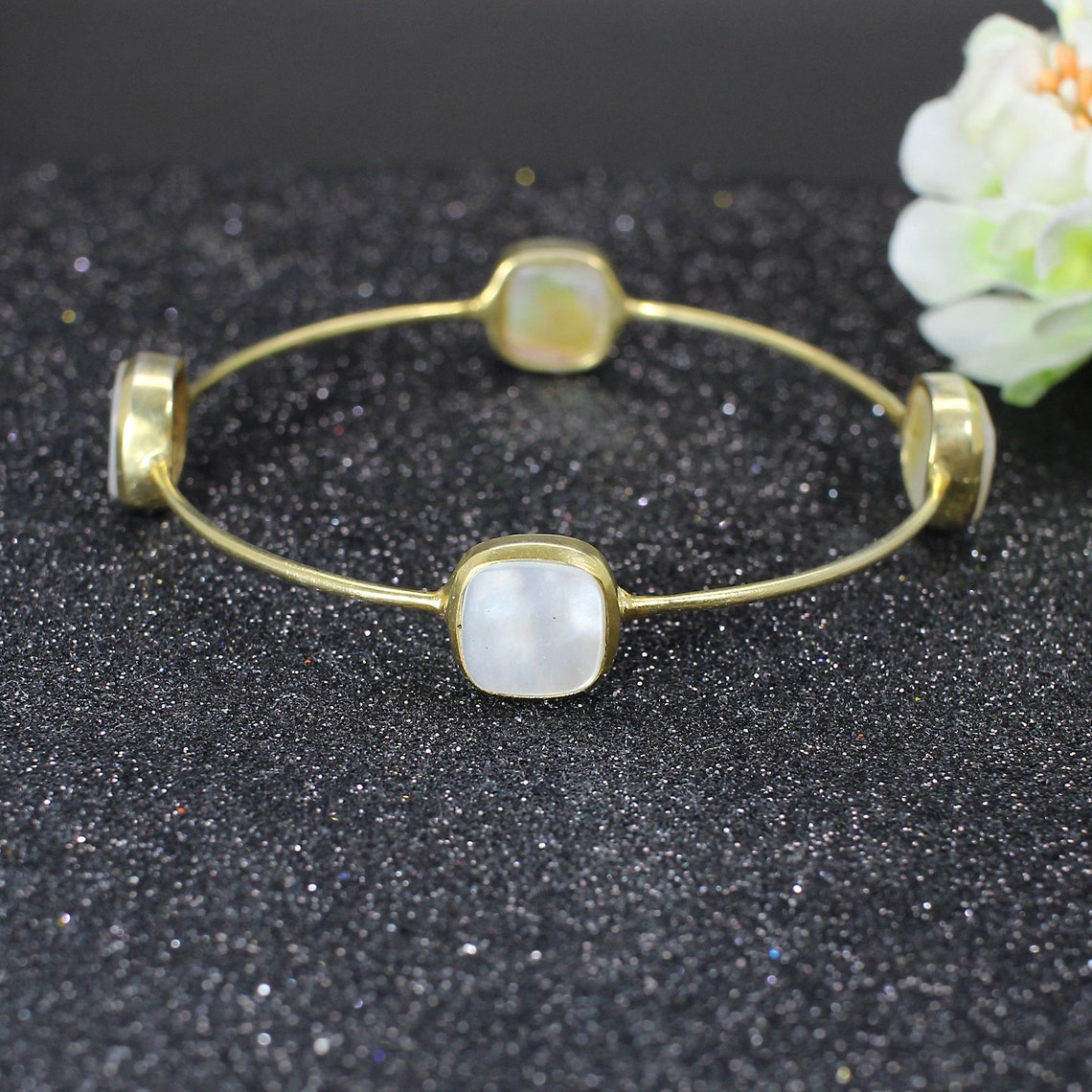 MOP Bangle Gold Plated Brass Bangle Bracelet Pearl Jewelry Etsy
