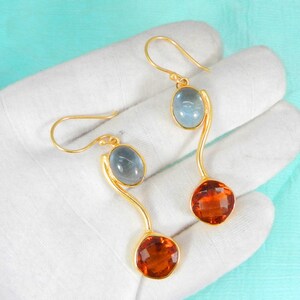 Dark Citrine Hydro Earrings, Brass Jewelry, Blue Topaz Earrings, Dangling Earrings, Oval Shape, Bohemian Jewelry, Handmade Wedding Earrings.