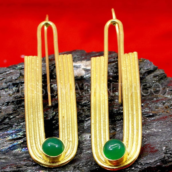 Green Onyx Earrings in Gold Filled Brass - Large Brass Earrings - Dangle Drop Earrings - Wedding Jewelry - Indian Jewelry - Christmas Gifts