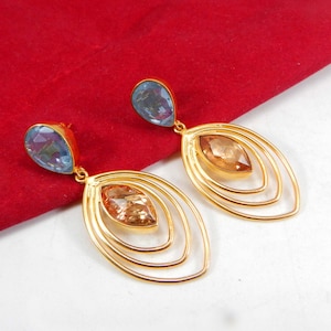Sky Blue Topaz Earrings- Citrine Earrings- Bridal Earrings- Gold Plated Brass Earrings- Gemstone Jewelry- Engagement Gifts- Boho Jewelry