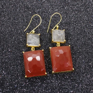 Red Onyx & Golden Rutile Dangling Earrings- Gemstone Earrings- Gold Plated Brass- Bridal Earrings- Statement Earrings- Bohemian Earrings