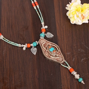 Silver Bohemian Necklace, Natural Turquoise & Coral Necklace, Nepali Style Necklace, German Silver Thread Necklace, Silver Plated Jewelry