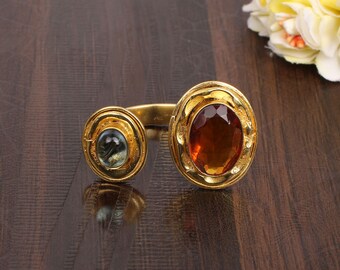 Citrine Hydro & Blue Topaz Hydro Ring, Brass Ring, Gold Plated Ring, Birthstone Ring, Adjustable Ring, Proposal Ring, Gift For Girlfriend