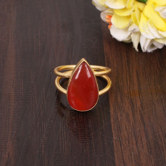 Red Sardonyx Ring Natural Gemstone Ring Handmade Jewelry Pear Shape August Birthstone Ring Gold Plated Brass Jewelry Engagement Gift Etsy UK