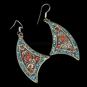 Tribal Nepalese German SIlver Earrings, Red Coral & Turquoise Gemstone Tibetan Earrings, Droplet Girl&#39;s/Women Wear Earrings