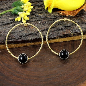 Hoop Earrings- Black Onyx Earrings- Gemstone Earrings- Drop Earrings- Gold Plated Brass Earrings- Bohemian Fashion Jewelry- Easter Gifts