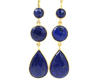 Women Gold Plated Earrings, lapis Lazuli Gemstone Earrings, Handmade Earrings, Party Wear Earrings, Brass Earrings, Women Gift Earrigs