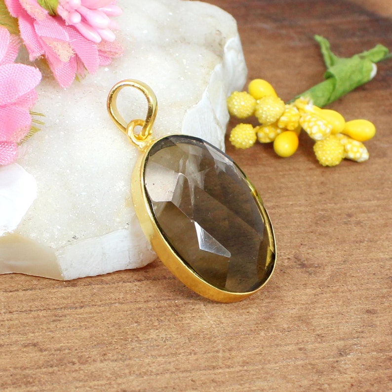 Oval Smoky Quartz Pendant Gold Plated Brass Bohemian - Gold Plated Quartz Pendant Oval Smoky Quartz Pendant Gold Plated Brass Bohemian - Gold Plated Quartz Pendant