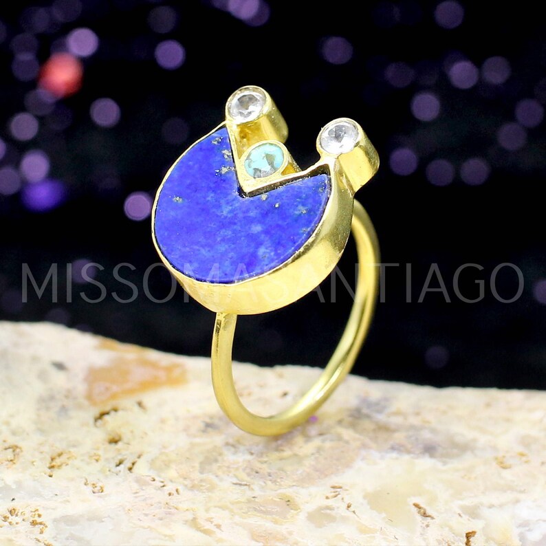 Turquoise Ring Gemstone Ring Handmade Gold Plated Brass Ring Designer Ring Statement Ring Zirconia Ring Boho Ring Lapis Lazuli Ring