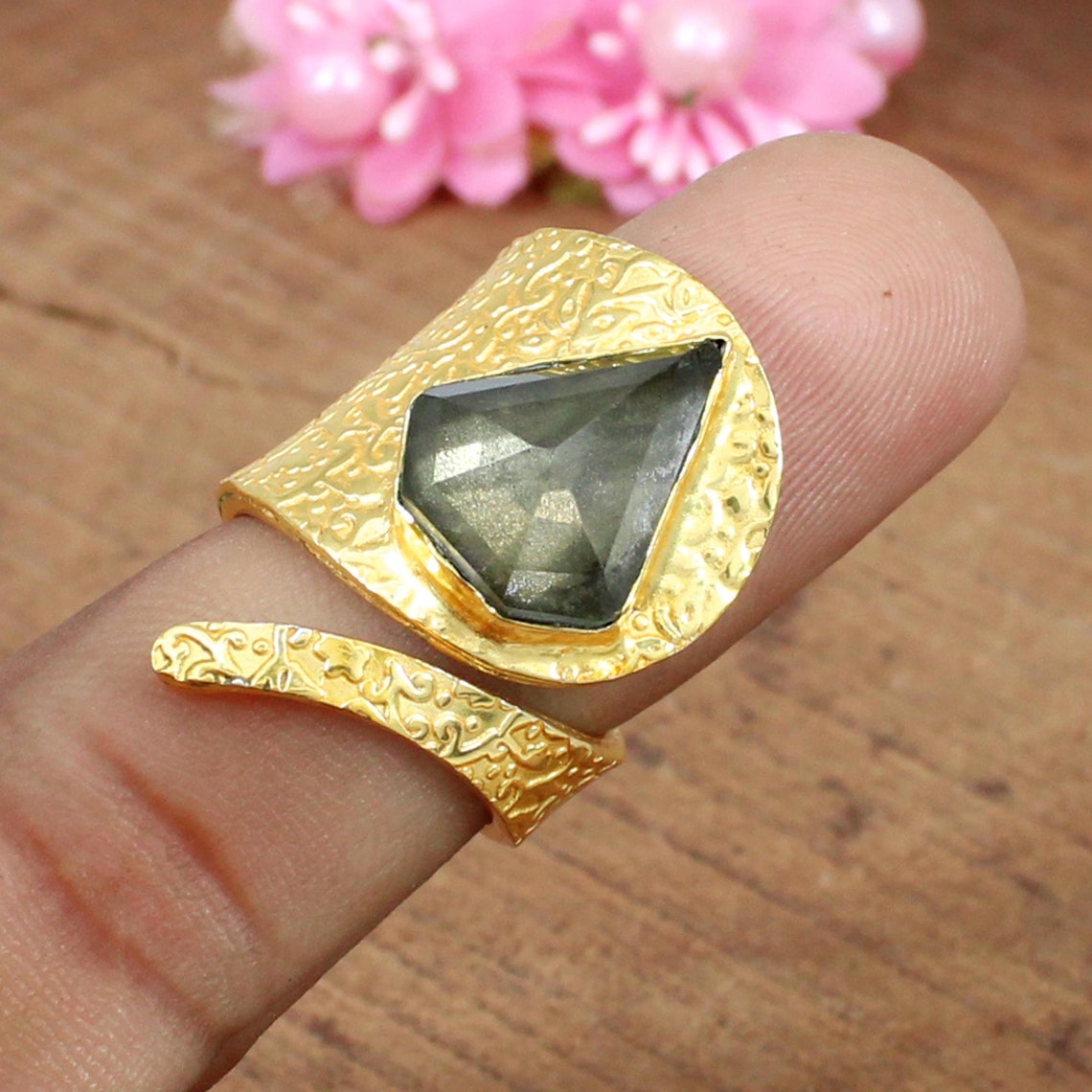 Crystal Pyrite Double Ring Gold Plated Brass Jewelry Etsy