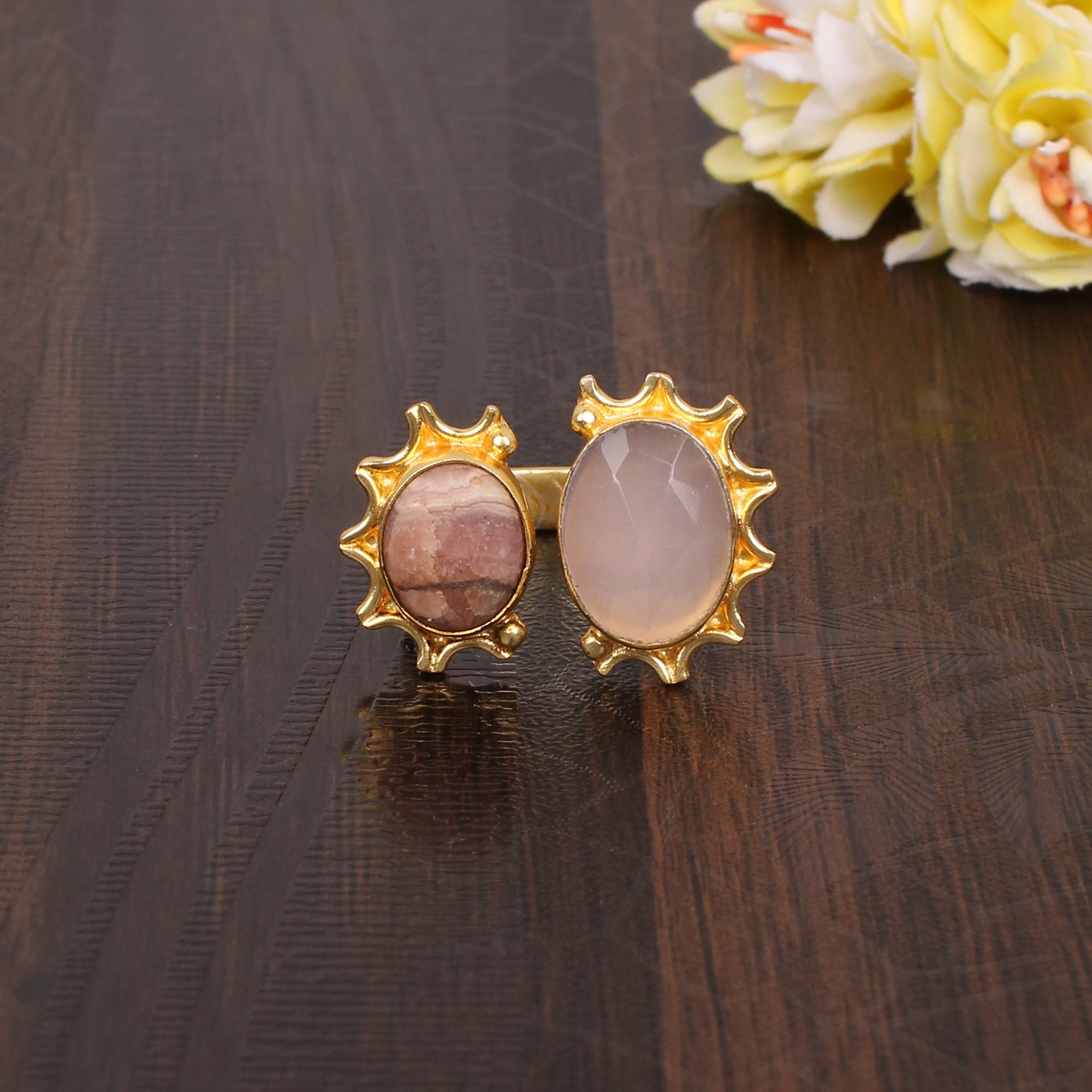 Natural Rose Quartz & Rhodochrosite Ring, Brass Ring, August Birthstone, Gold Plated Ring, Adjustable Ring, Engagement Ring, Gift For Her