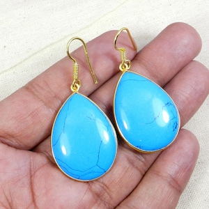 Gold Plated Gemstone Earrings, Handmade Earrings, Turquoise Gemstone Earrings, Pear Earrings, Teardrop Earrings, Gift For Wife