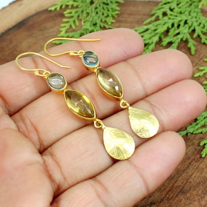 Blue Topaz & Citrine Gemstone Earrings- Gold Earrings- Hanging Earrings- Party Earrings- Topaz Jewelry- Wedding Gifts- Boho Earrings