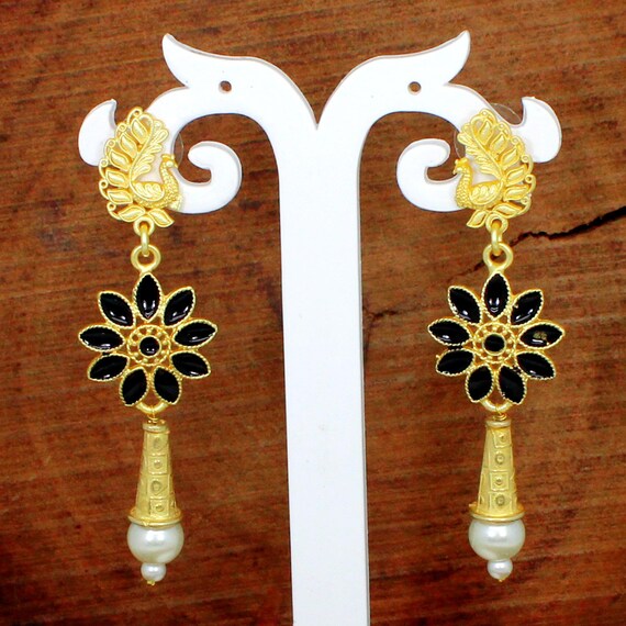 Gold Plated Earrings Floral Unique Designer Drop Earrings Pearl