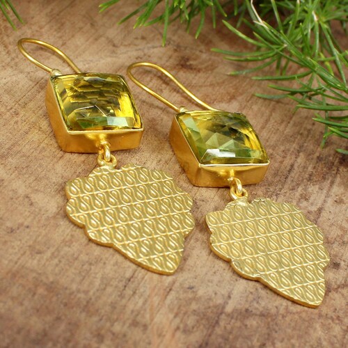 Citrine Earrings, Women Gemstone Earrings, Textured Earrings, Square Earrings, shops Brass Gold Plated Earrings, Women Fashion Earrings