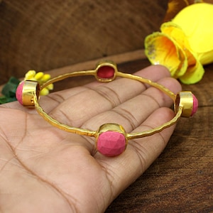 Handmade Pink Coral Bangle Bracelet: Brass Bohemian Jewelry