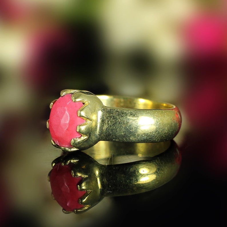 Birthday Gifts Bohemian Ring Promise Ring Gemstone Ring Synthetic Red Coral Ring Gold Plated Brass Unique Ring Victorian Ring