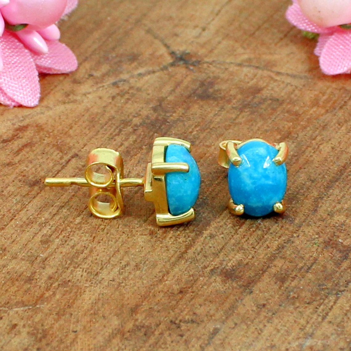 Natural Blue Turquoise Studs Earrings 925 Sterling Silver Etsy