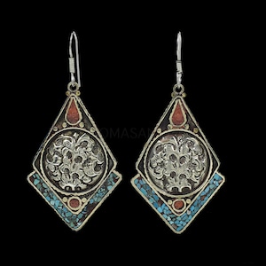Nepali Earrings, Tibetan Turquoise & Red Coral Earrings, Bohemian Jewelry, Inlay Gemstones, Hanging Earrings, Tibetan Jewelry, German Silver