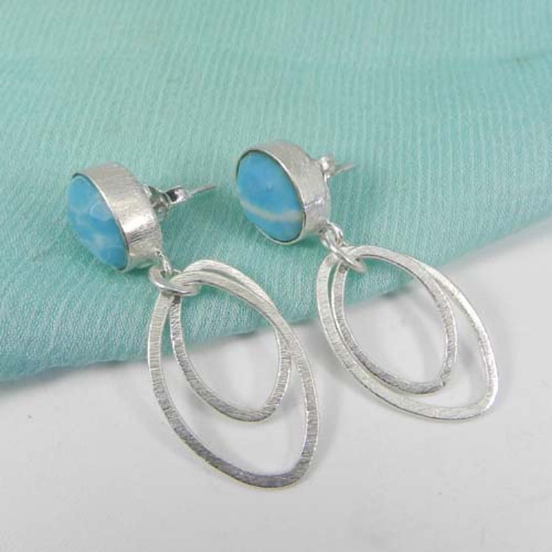 Good Friday Sale Gemstone Earrings Anniversary Gifts Dangling Earrings Oval Larimar Earrings Bohemian Earrings Silver Brass Earrings