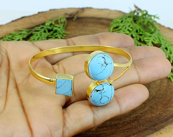 Women Turquoise Bangle, Gemstone Bangle, Handmade Bangle, Adjustable Bangle, Gold Plated Bangle, Cuff Bangle, Gift For Wife, Mom Gifts