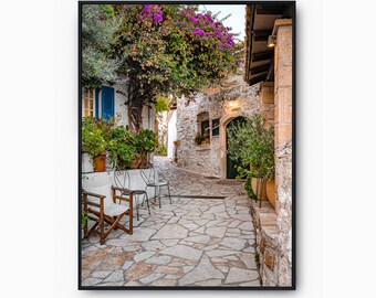 Alley with Flowers in Greece Premium Poster - | Home Decoration Wall Decoration Art Print Mural | Free shipping