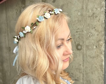 wedding flower crown blue white flower baby headband  flower wreath wedding bridesmaid headband bridesmaid flower baby headband christening