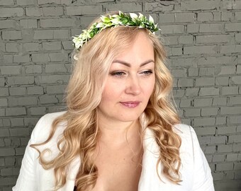 leafy white and green crown wedding crown white and green bridal crown green wedding crown christening headband flower crown for engagement