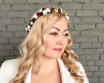 burgundy flower crown wedding crown burgundy white bridal crown burgundy wedding crown bridesmaid headband wedding headpiece party crown