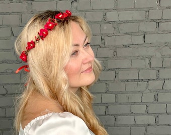 wedding flower red crown wedding flower red wreath bridal flower crown communion flower crown wedding flower crown headband red bridesmaid