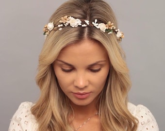 Corona de flores, corona de boda blanca y dorada, diadema de flores para bebé, corona para el cabello de damas de honor, corona de boda con corona de bautizo, diadema para niña